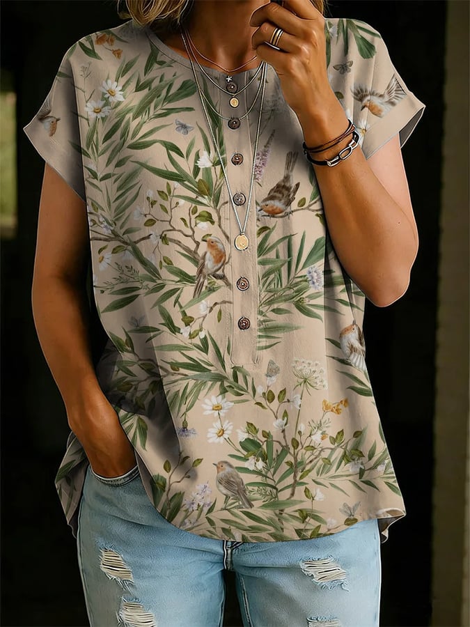 Women's Art Flower And Bird Print Button Design Shirt- Fast Shipping