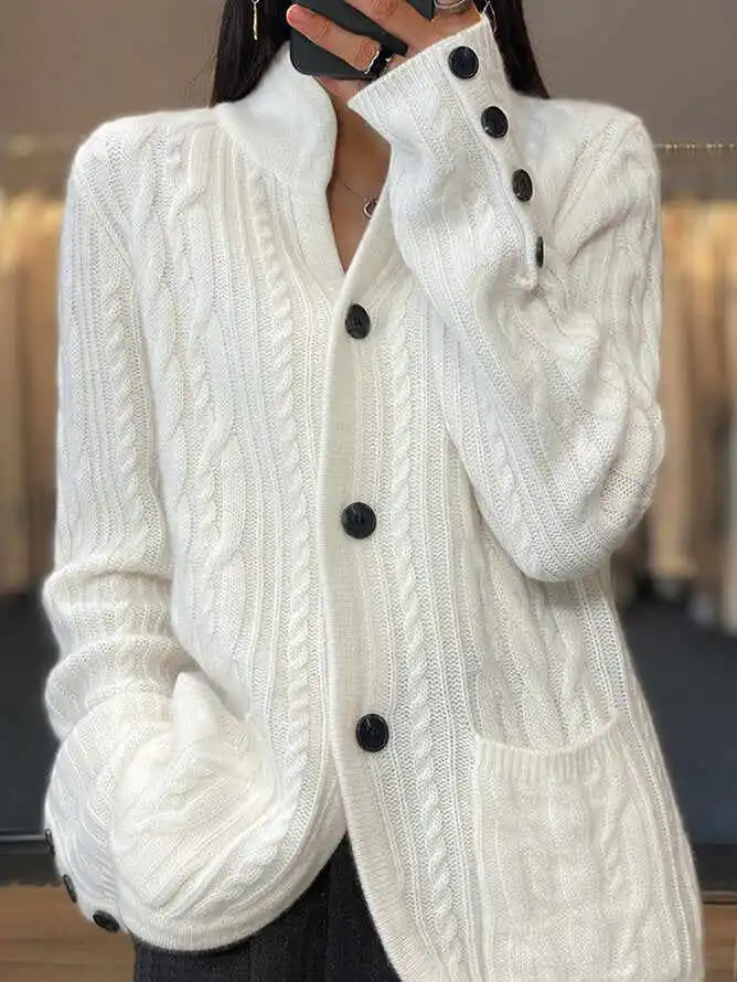 White Button Front Pocket Sweater Cardigan