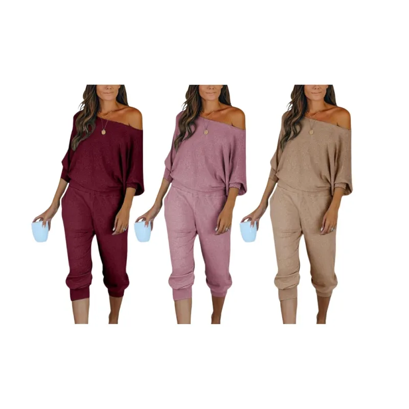 Women's 2-Piece Set Ribbed Knit Off Shoulder Tops Lounge Pants Tracksuit