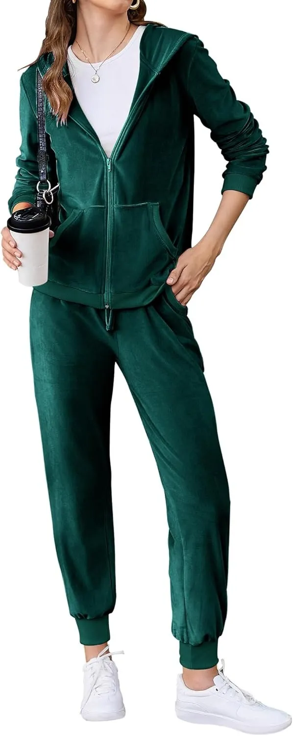 Women's Casual Velour Tracksuit Set Full Zipper Hoodie