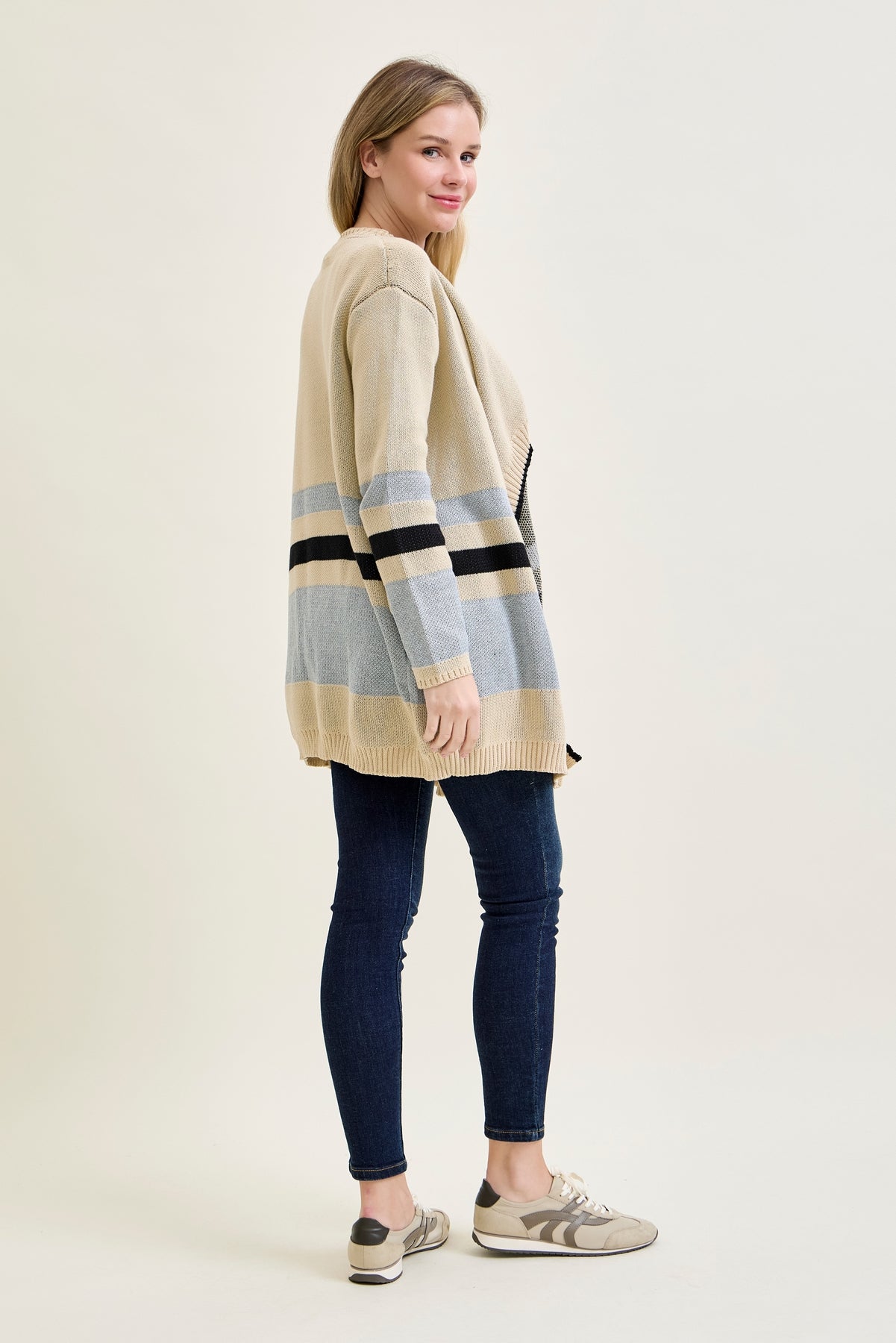 Drape Stripe Cardigan Beige Sweater