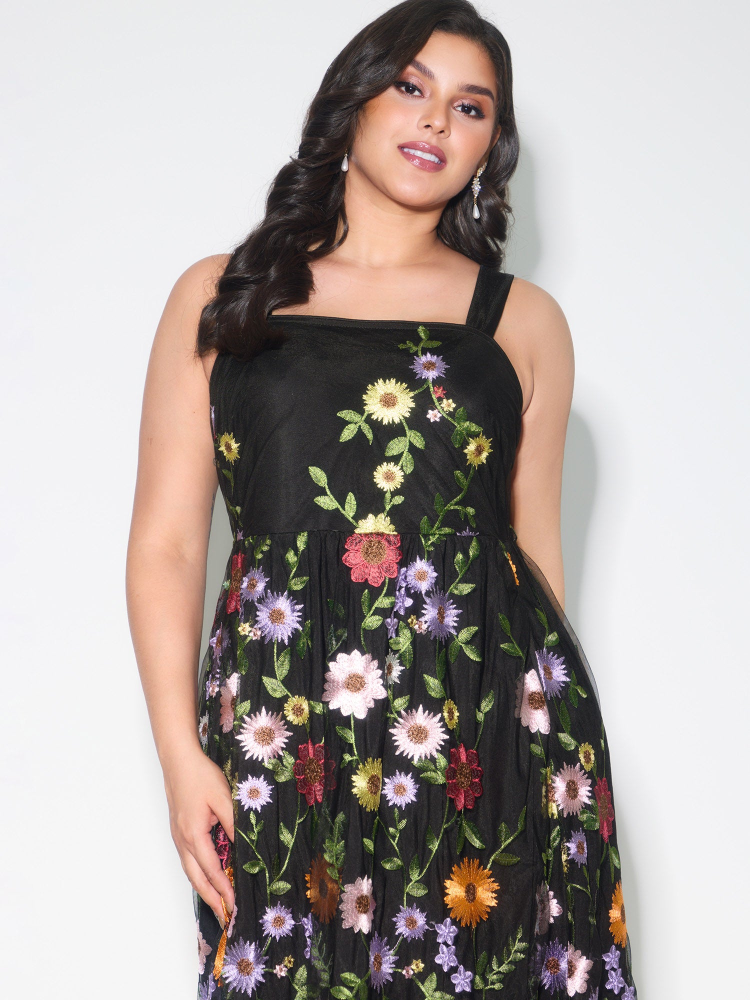 Pretty Florals Embroidered Mesh Maxi Dress