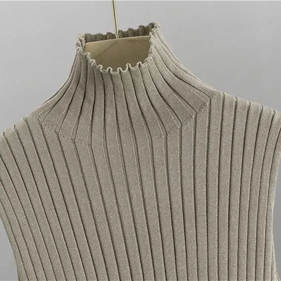 Three-Piece Set - Knit Turtleneck Tank & Wide Leg Pants With Long Cardigan