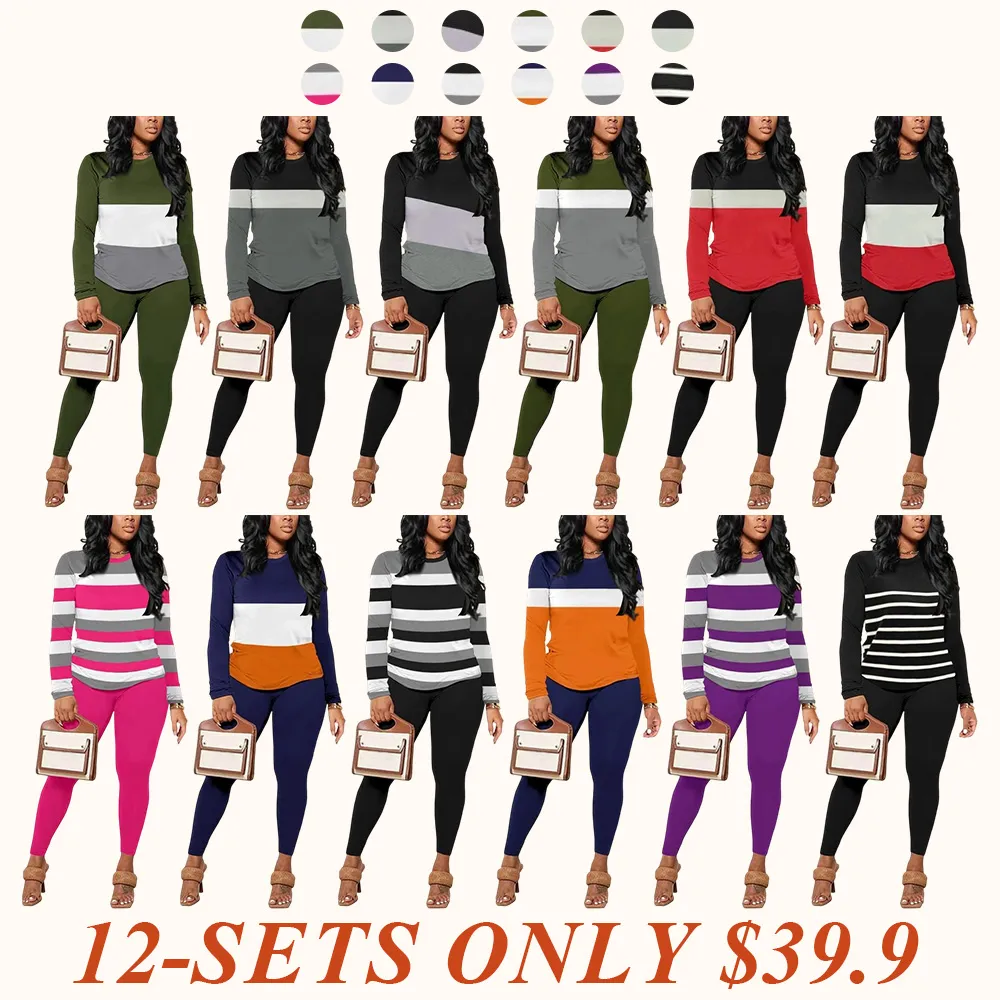 Two-Piece Set Women's Striped Print Long Sleeve Tee & Skinny Pants Set