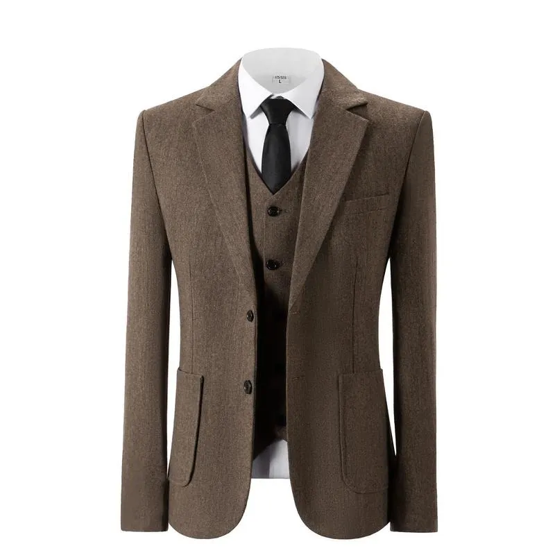 Men's Retro 3-Piece Tweed Herringbone Suit Set Two-Buttons Blazer Vest Pants Autumn New Arrival Formal Business Attire