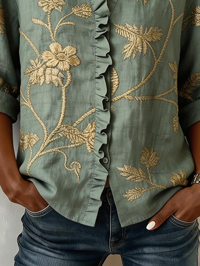 Women's Casual V-neck Ruffle Print Top- Fast Shipping