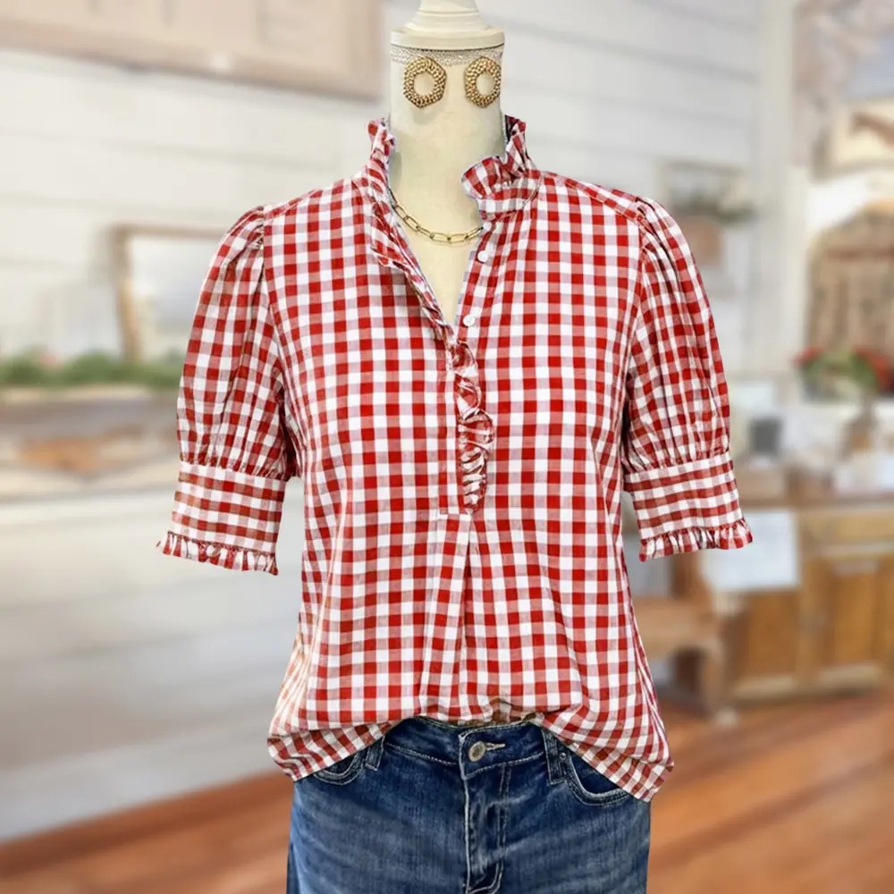 🌿 Women's Vintage Gingham Puff Sleeve Blouse