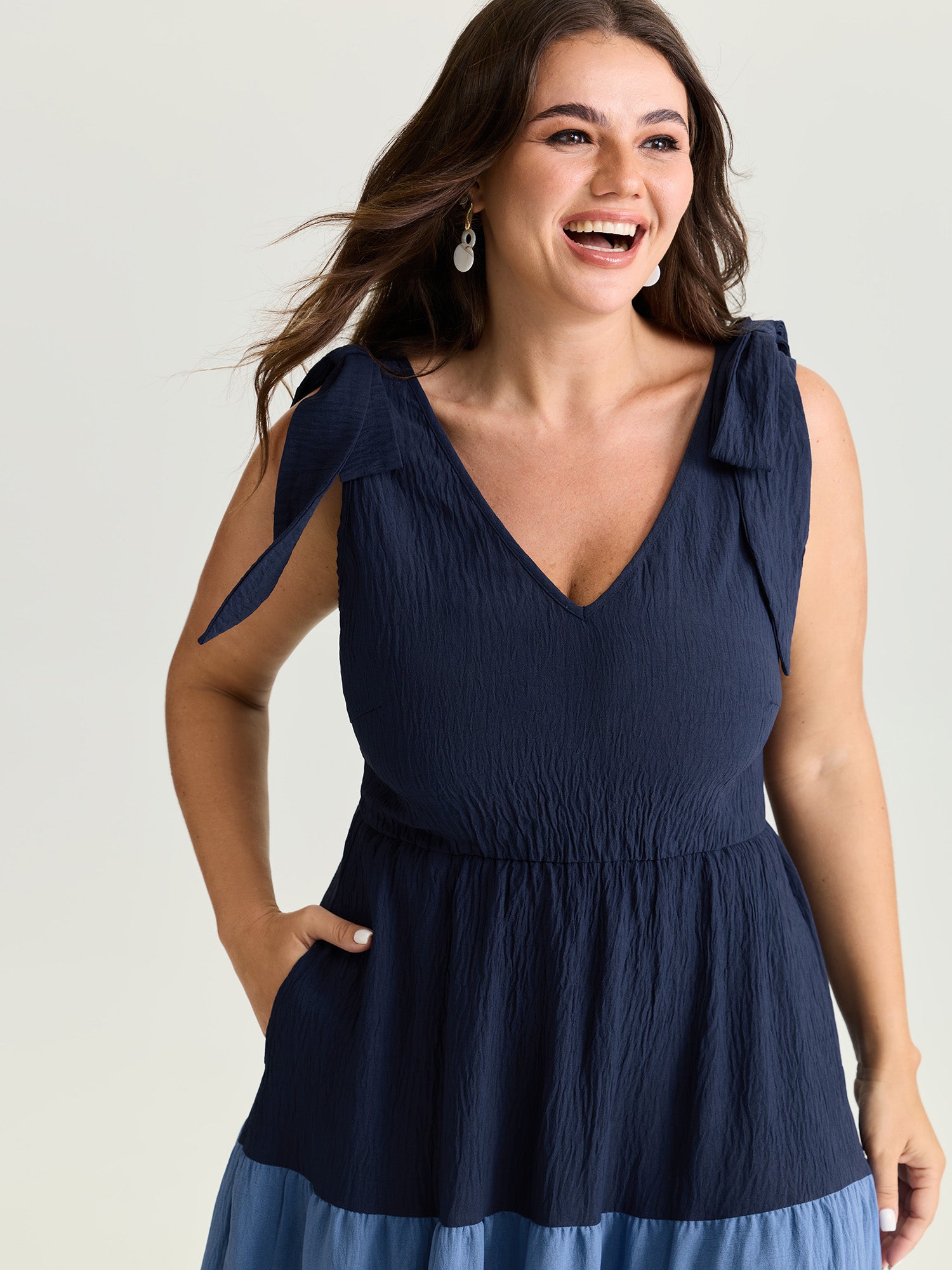 Colorblock Shoulder-Tie Tiered Maxi Dress