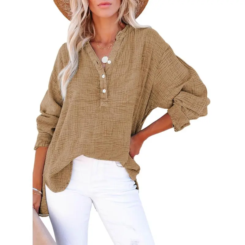 Women's Casual Button V Neck Long Sleeve Shirts Oversized Solid Blouses Tops