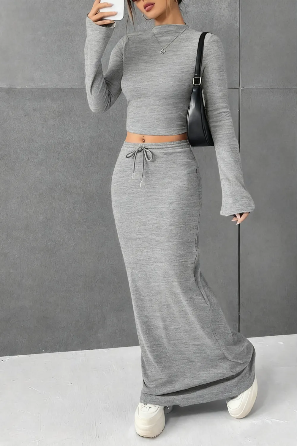 Women's Solid Flounce Sleeve Crop Tee & Skirt Two-piece Set