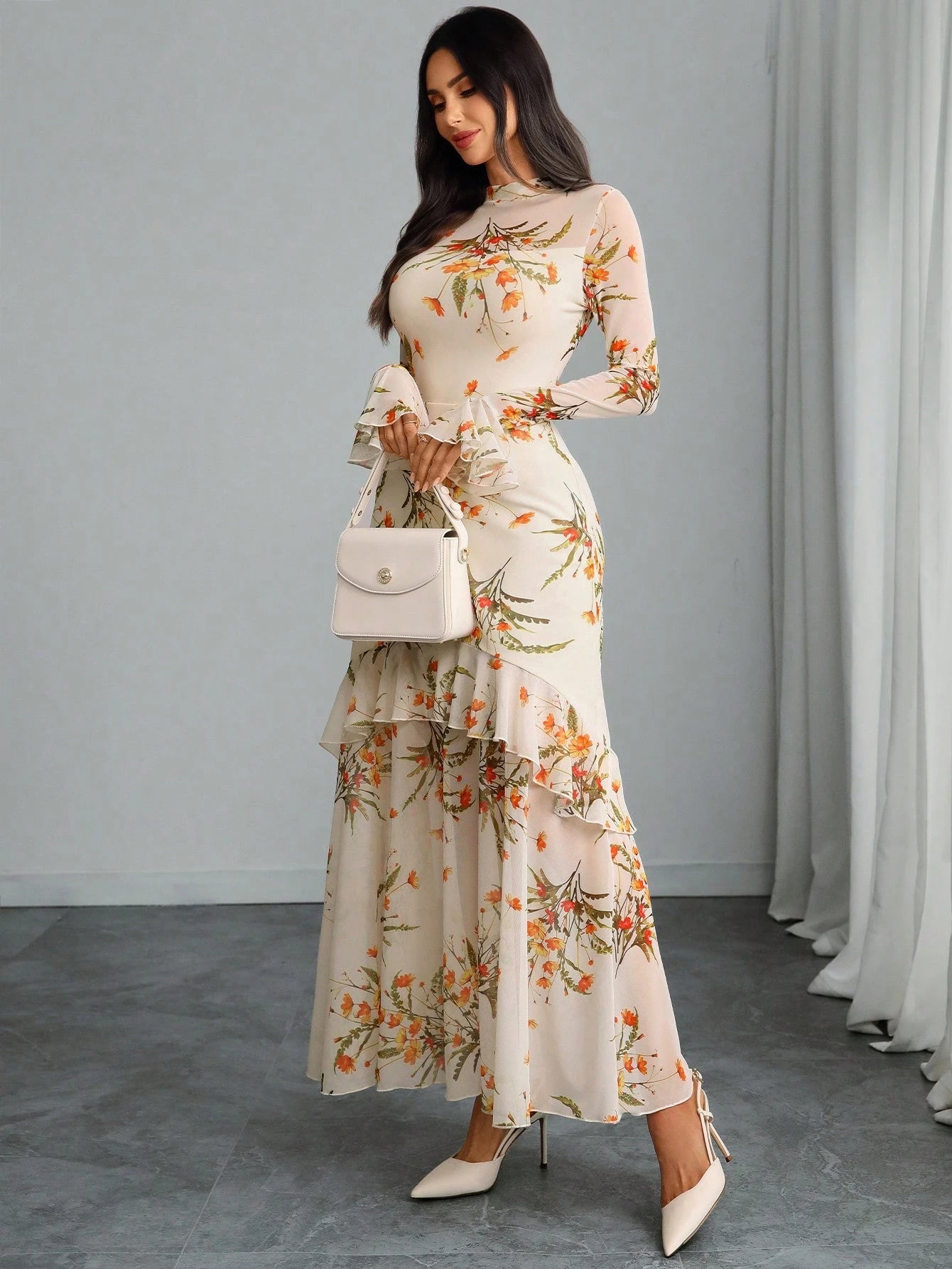 Women's Gothic Elegant Sexy Mesh Splicing Colorful Print Retro Petal Sleeves Ruffle Mermaid Hem Double Layer Dress