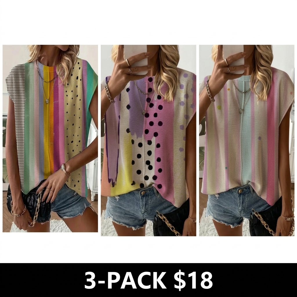 Spring/Summer crew neck drop-shoulder loose fit contrast stripe splicing print short-sleeve women's knit top