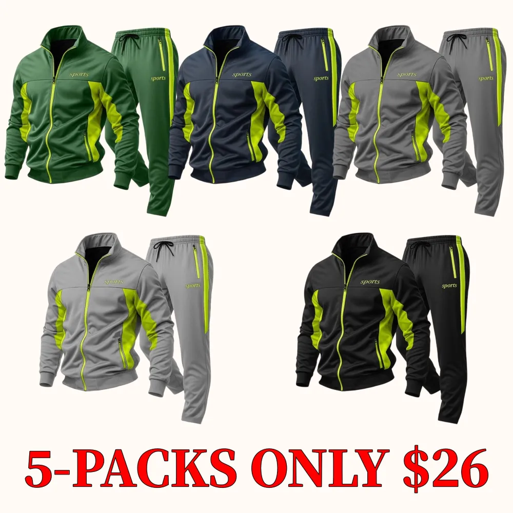 Men's casual stand-up collar jacket paired with sweatpants, breathable and comfortable.