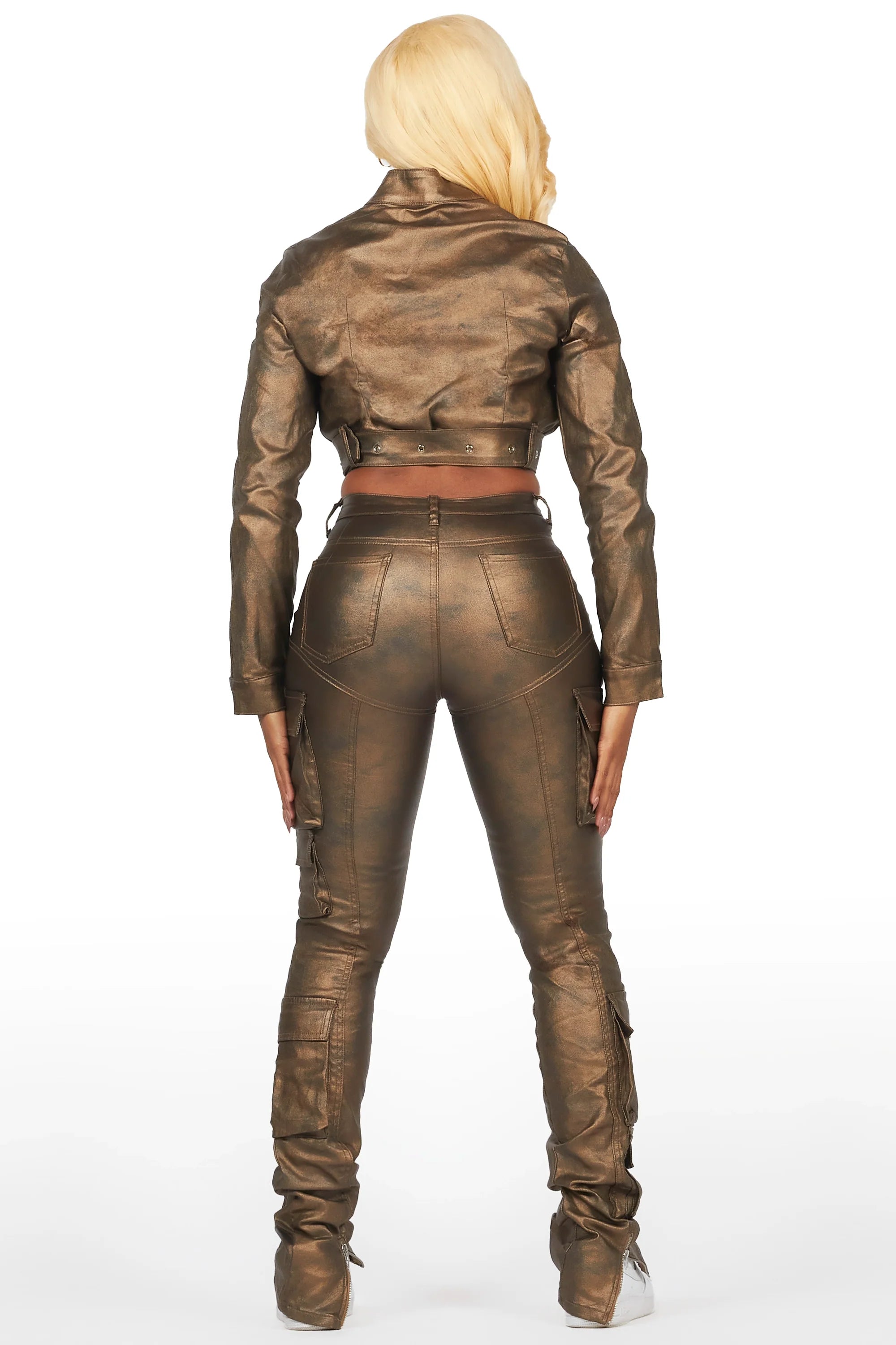 Teeoina Gold Coated Black Faux Leather Moto Jacket