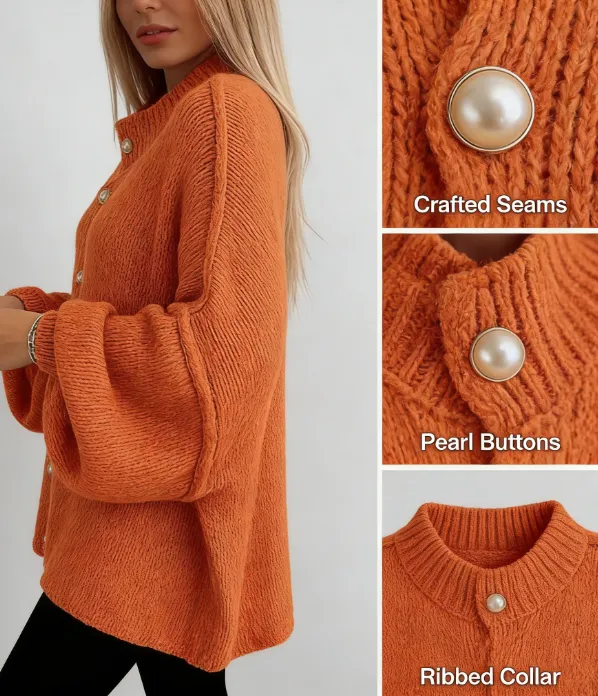Women's Winter Button Down Cardigan Sweaters Mock Neck Lantern Long Sleeve Chunky Knit Jacket Trendy Outerwear