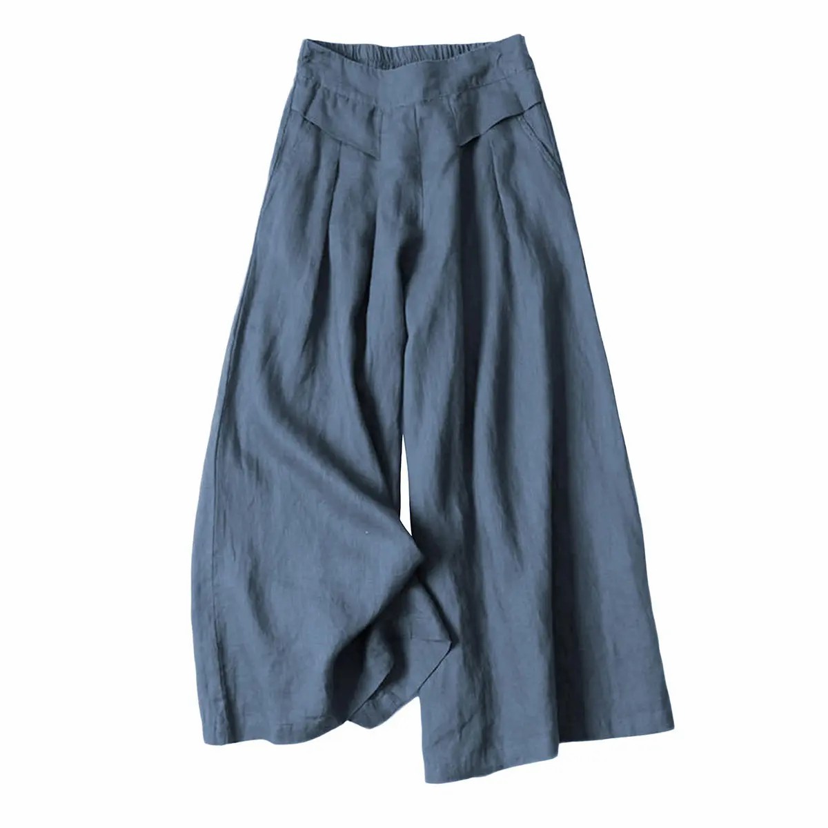 【Stock Up Deals】Women's Cotton Linen Culottes Pants Elastic Waist Wide Leg Palazzo Trousers Capri Pants with Pockets