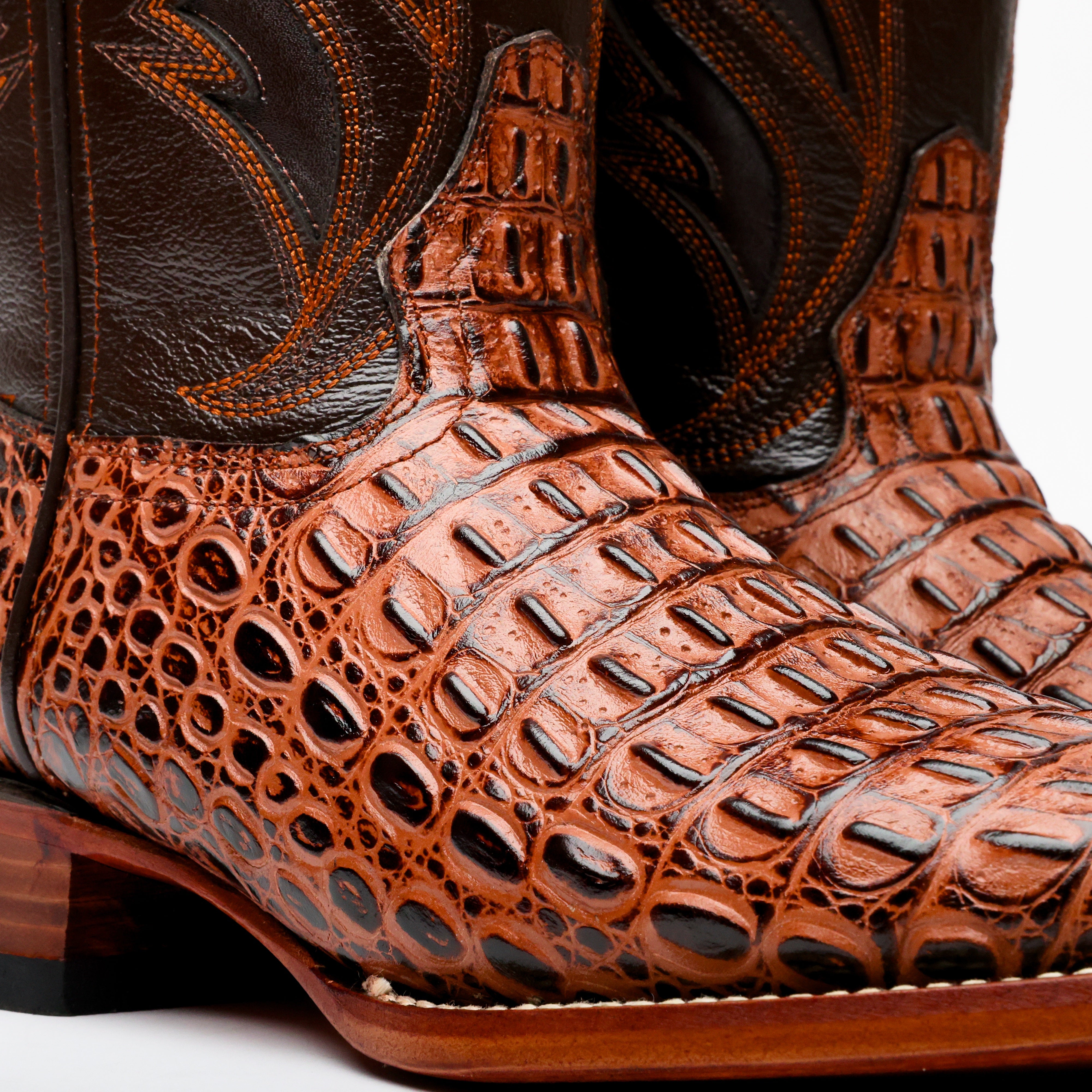 Cognac Caiman Hornback Leather Boots - Square Toe