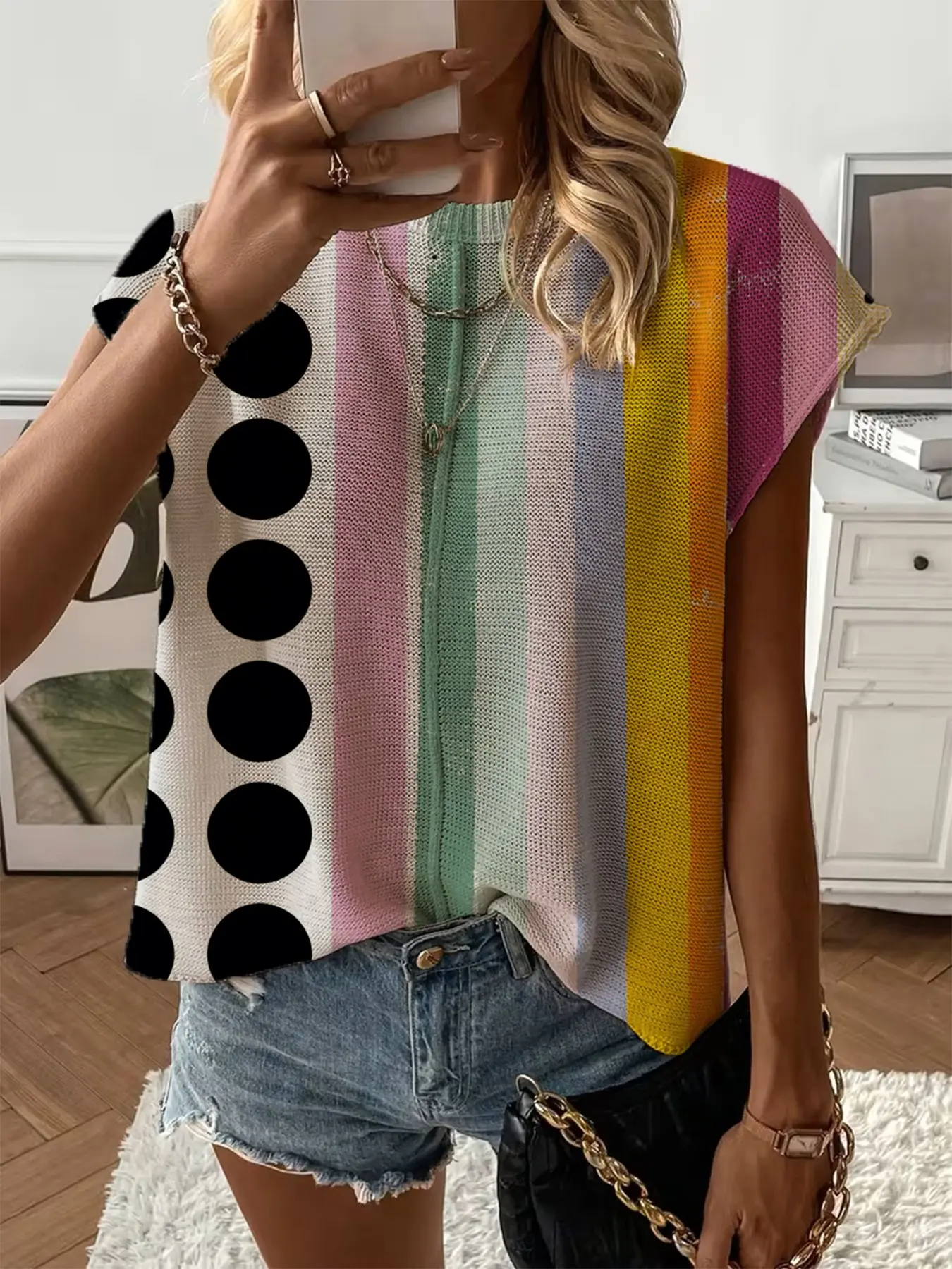 Spring/Summer crew neck drop-shoulder loose fit contrast stripe splicing print short-sleeve women's knit top