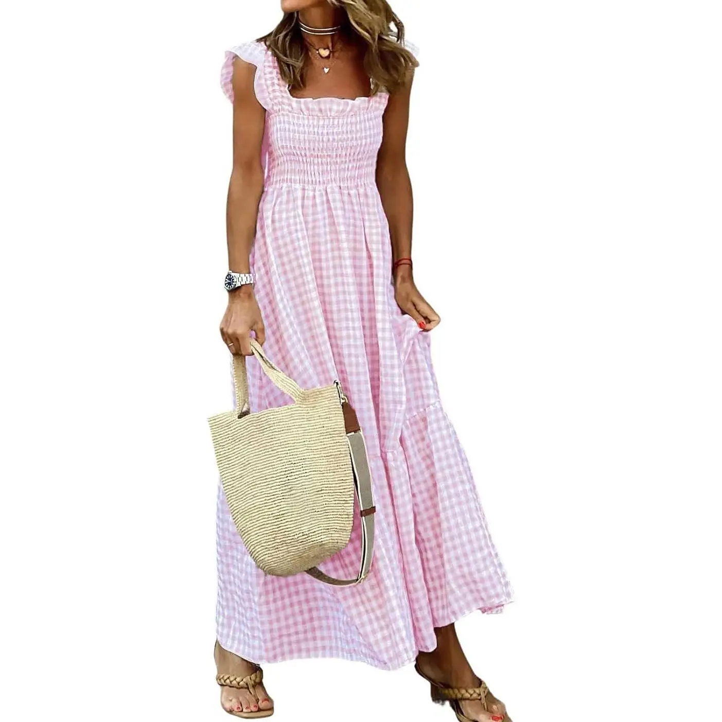 Women's Retro Plaid Smocked Dress Spaghetti Strap Flounce Long Casual Sleeveless Flowy Evening Fashion Basic with Pockets