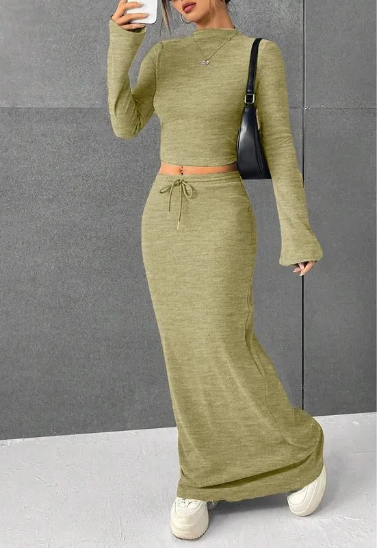 Women's Solid Flounce Sleeve Crop Tee & Skirt Two-piece Set