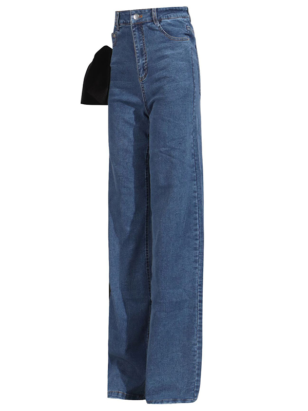 Buttoned Contrast Color Pockets Tied High Waisted Loose Jean Pants Bottoms