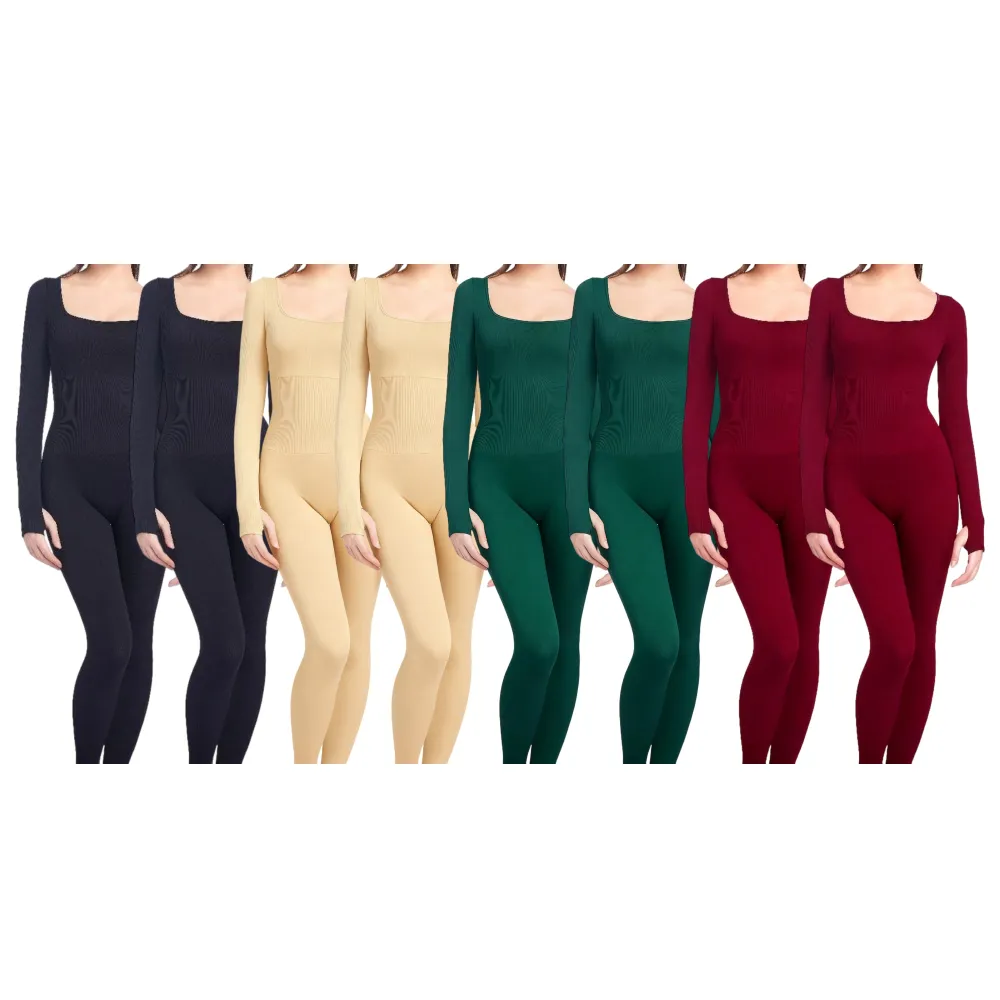 Women Tummy Control Square Neck Ribbed Jumpsuit