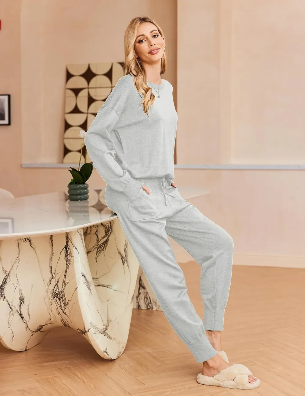 Women's Long Sleeve Knit Loungewear Set Jogger Pants Outfit