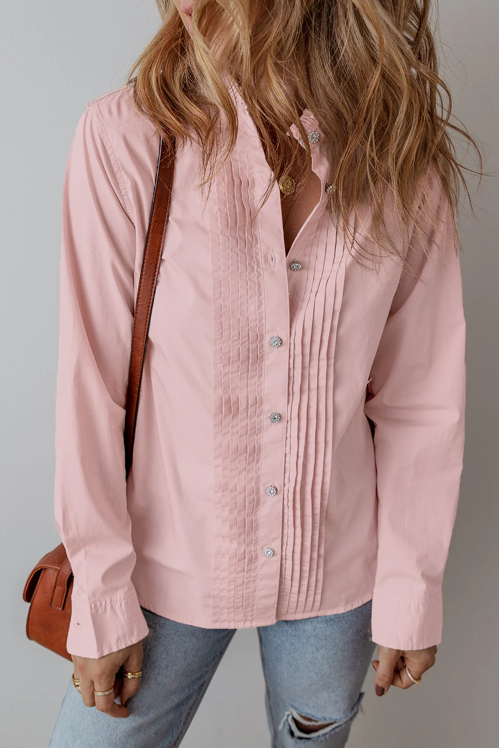 Light Pleated Button-Up Loose Fit Casual Shirt