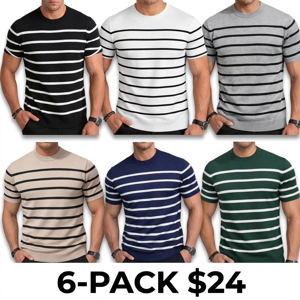 Unisex Retro Striped Knitted T-Shirt – Vintage Crew Neck Summer Basic