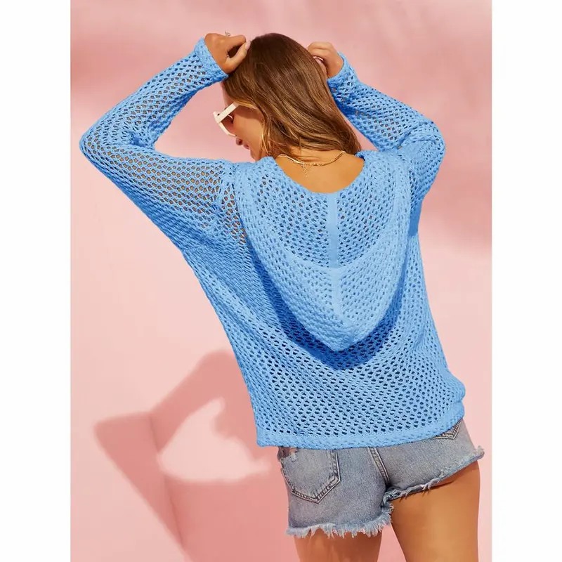 Women's Crochet Lightweight Cardigan – Zip Up Hooded Mesh Beach Cover Up