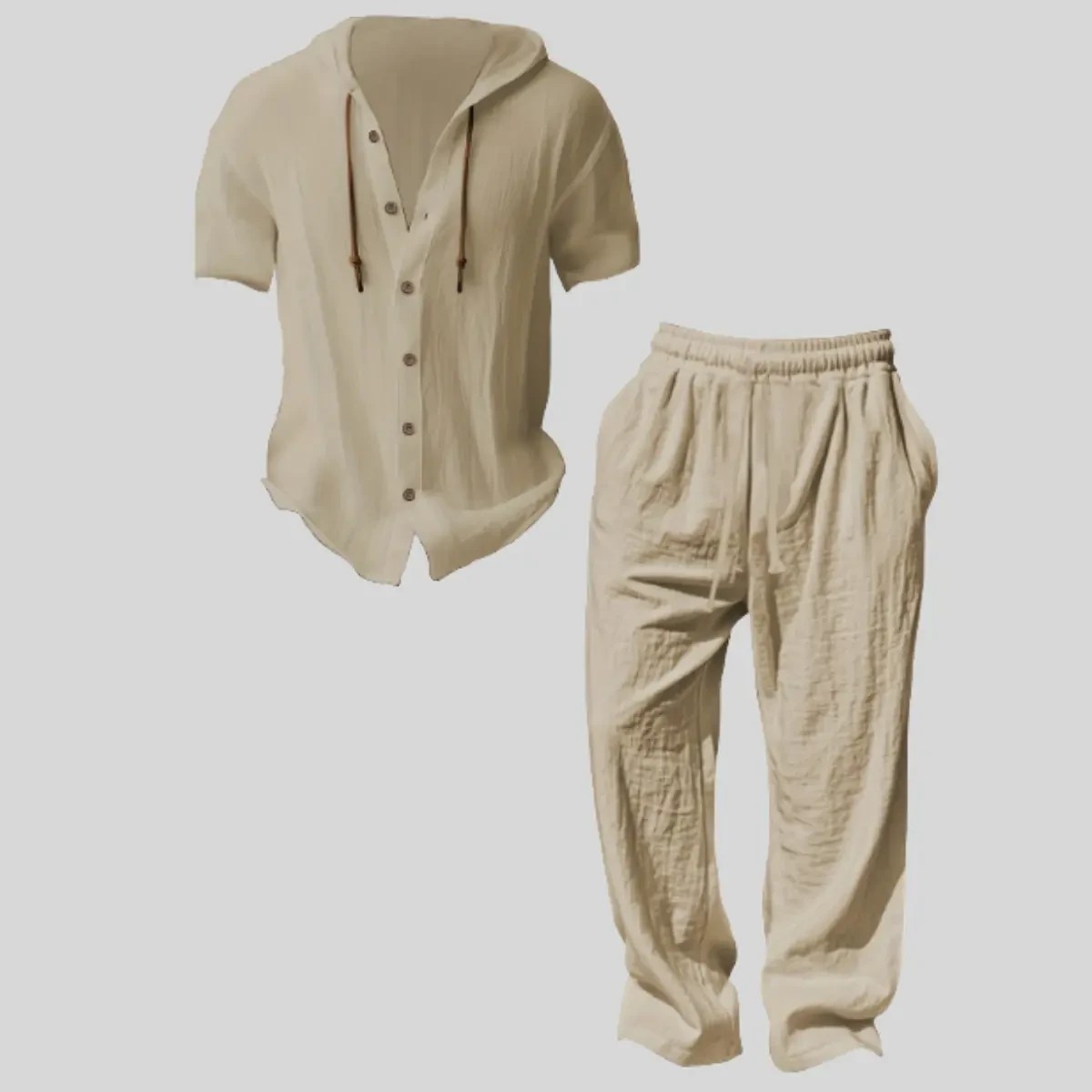 Men’s lightweight two-piece set with a hood, casual vacation style, loose and breathable thin fabric, hooded sweatshirt and wide-leg pants, for summer wear