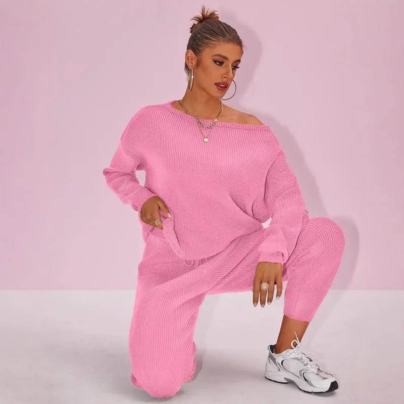 Women's 2025 Fall Winter Knit Set Oversized Sweater & Lounge Pants Matching Sets