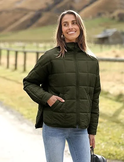 Womens Quilted Puffer Jackets Lightweight Zipper Short Padded Coat With Pockets