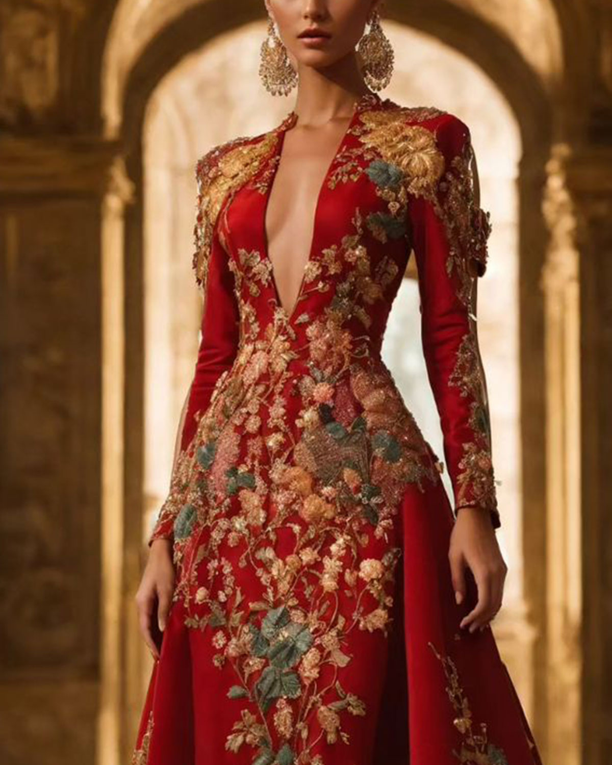 Luxurious Embroidered Flower Long Sleeve Gown