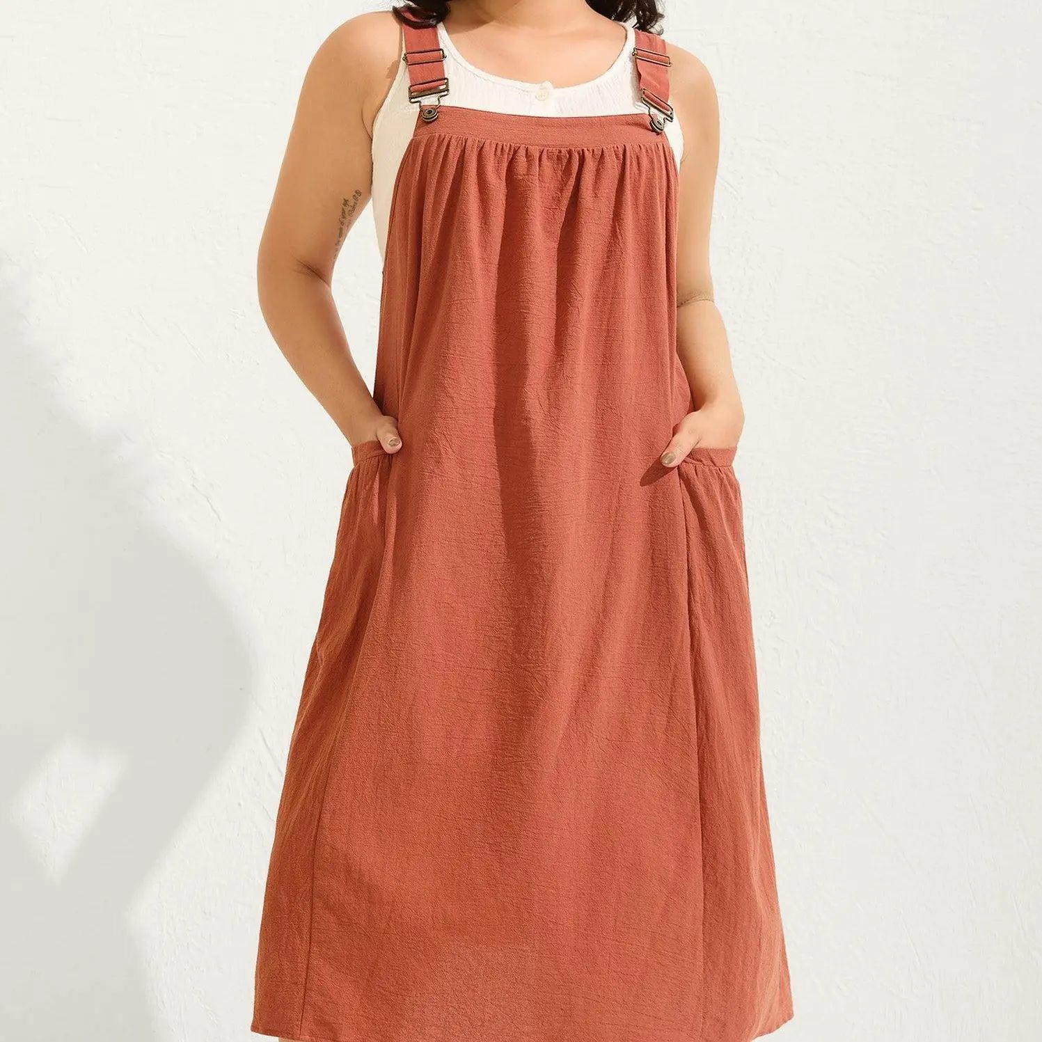 【Summer Turn-Up】【Pocket Approved】 Rust Pure Cotton Pleated Pockets Midi Dress
