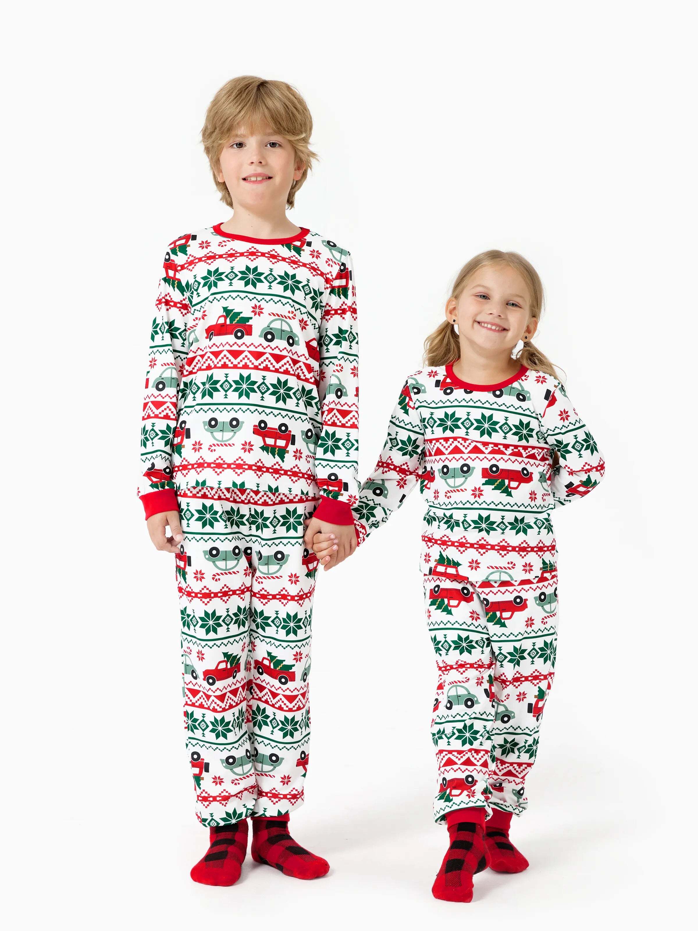 Christmas Matching Family Pajamas Set Snowflake and Car Print PJS with Christmas Socks Red
