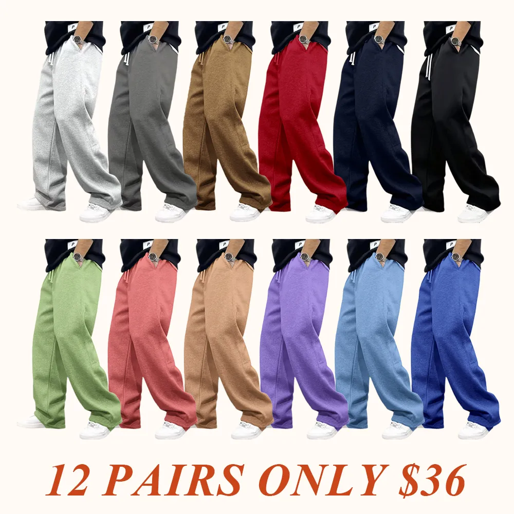 Men's Casual Fashionable Versatile Trendy New Plain Simple Drawstring Wide-Leg Long Pants