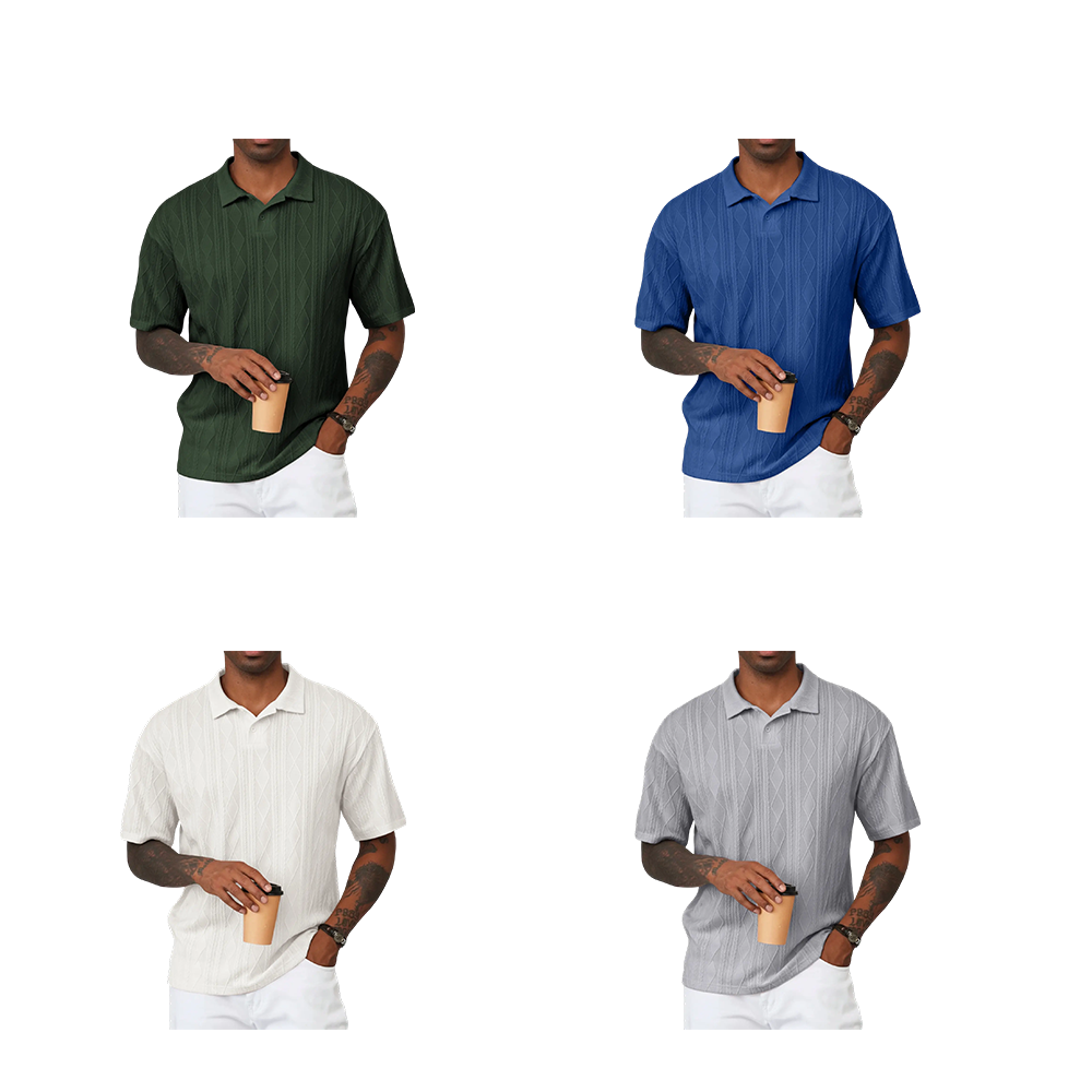 Men Casual Polo Shirt Short Sleeve Textured Beach Button Knit Stretchy Classic Shirts