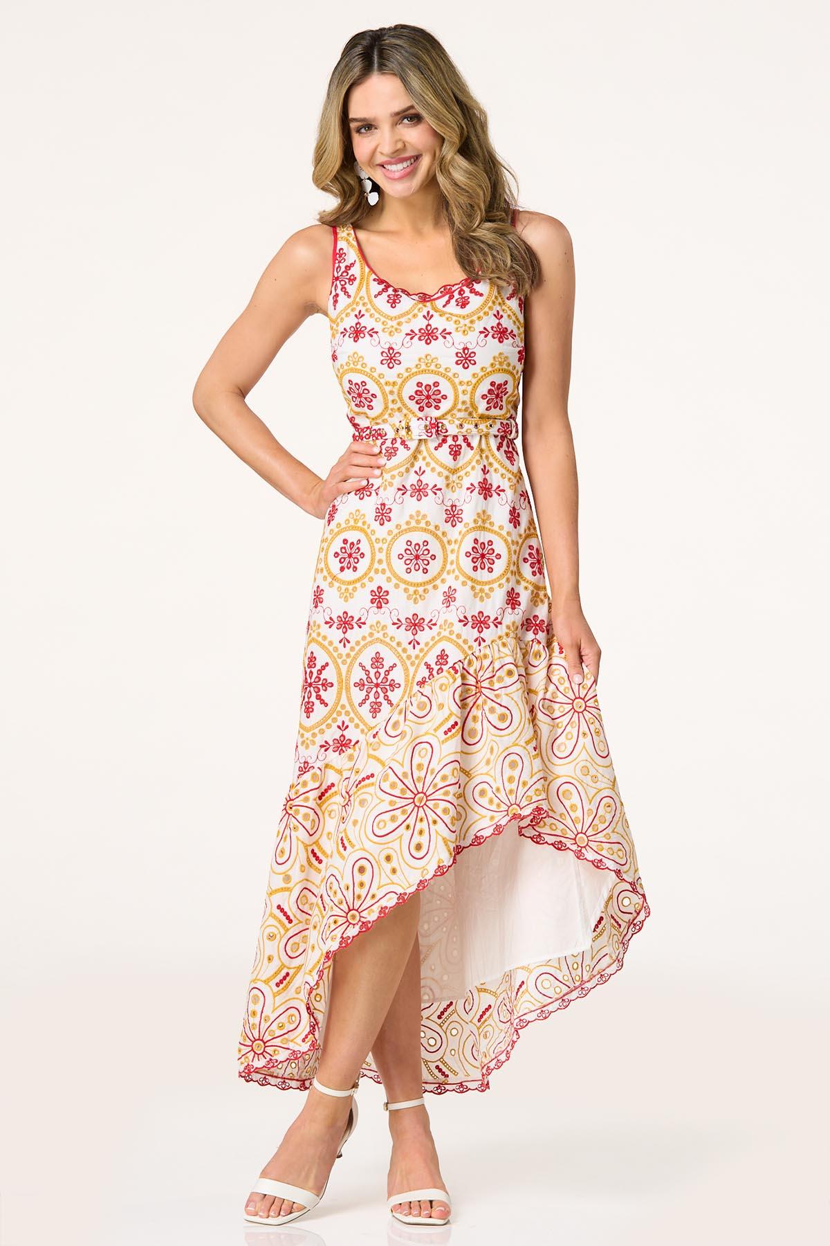 Embroidered Eyelet Belted High- Low Dress