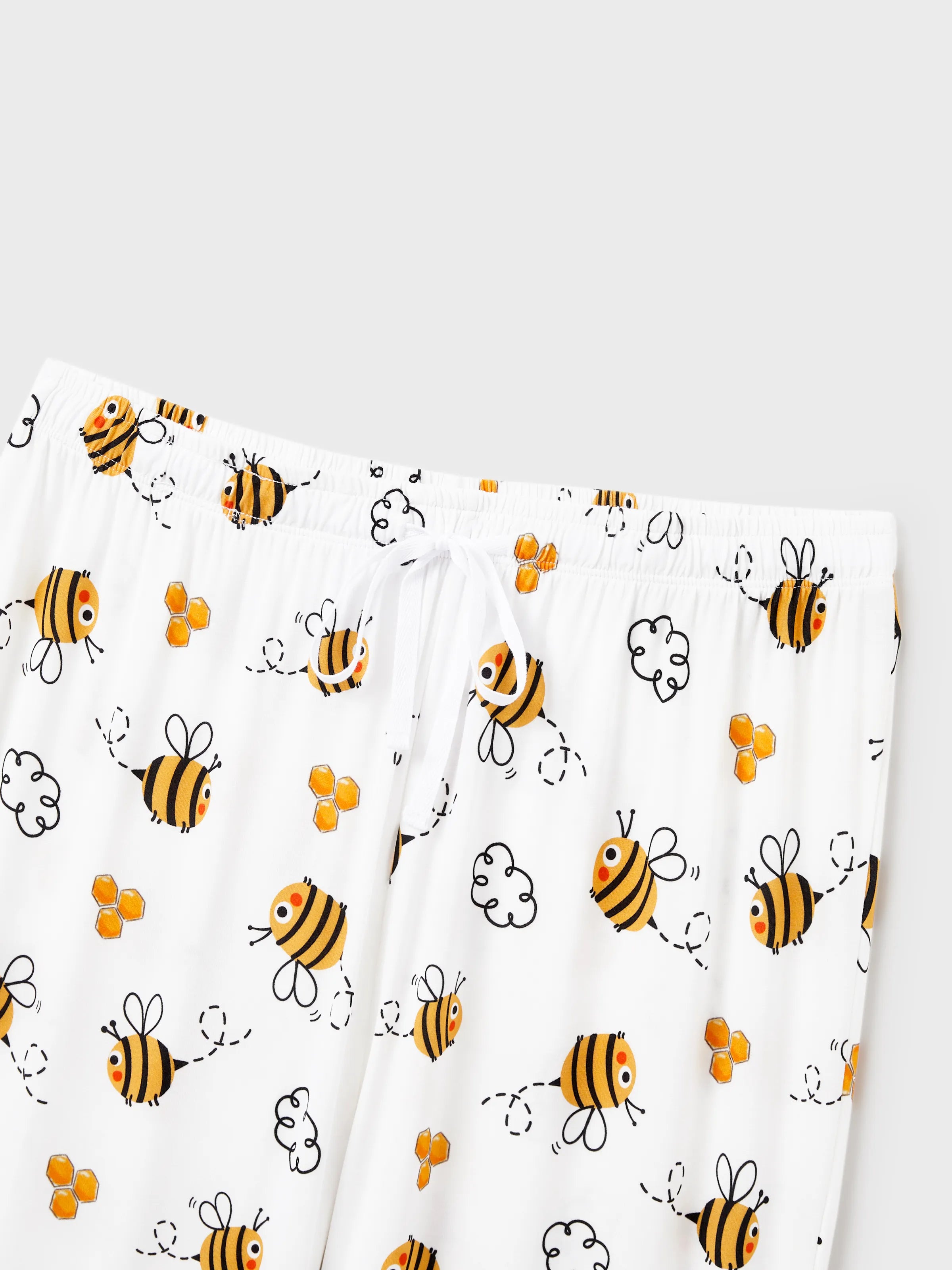 Family Matching Bamboo Pajamas Soft Bamboo Viscose PJs for Men Women Kids Toddler, Cute Bee Print Sleepwear with Short Sleeve Top and Long Pants White