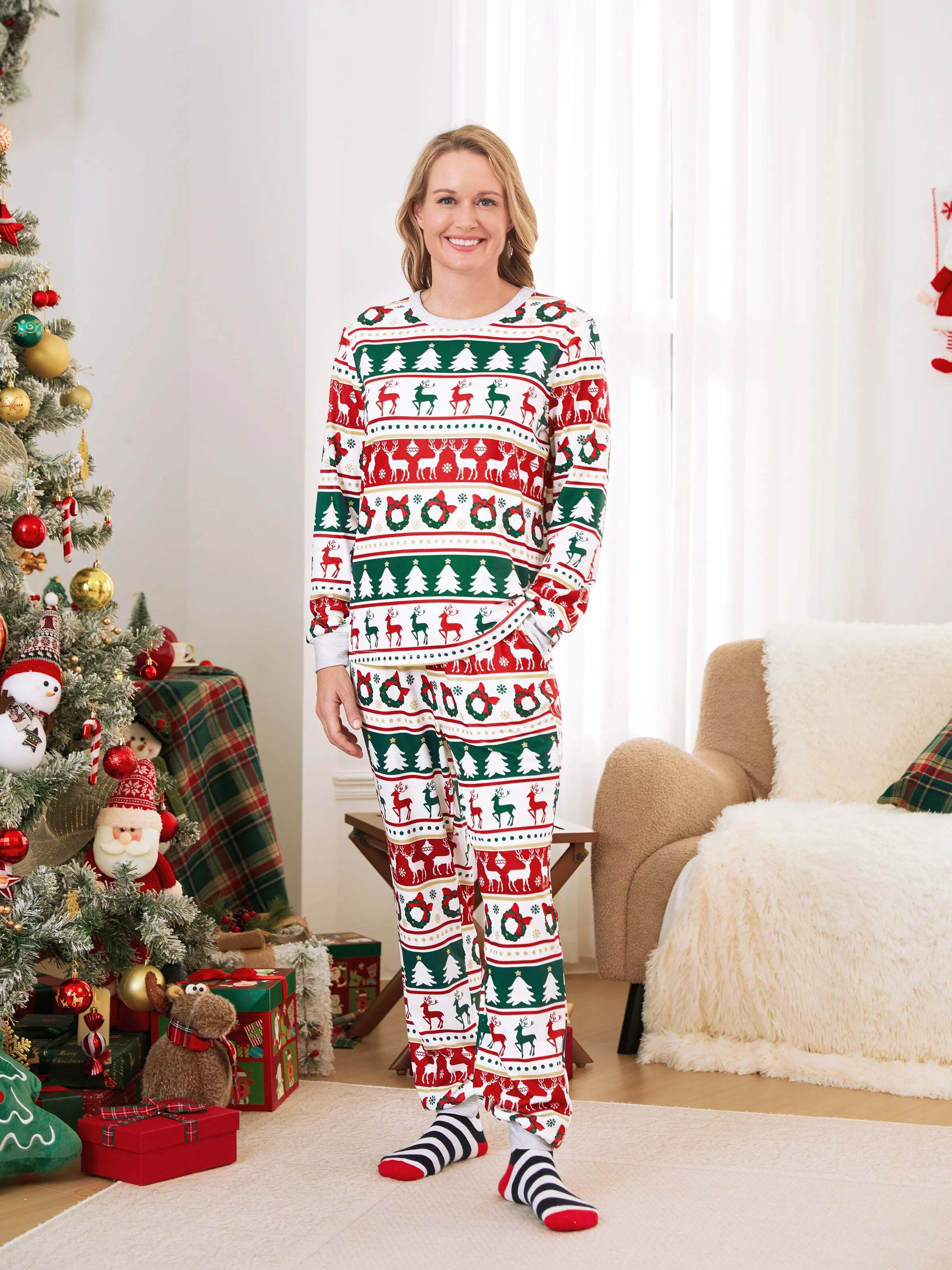 Christmas Pajamas Family Matching Allover Reindeer/Xmas Tree Pattern PJs Sets with Christmas Socks ColorBlock