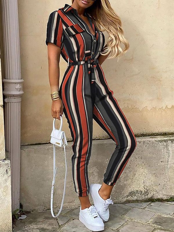 Split-Joint Striped Tied Waist Loose Plus Size Lapel Jumpsuits