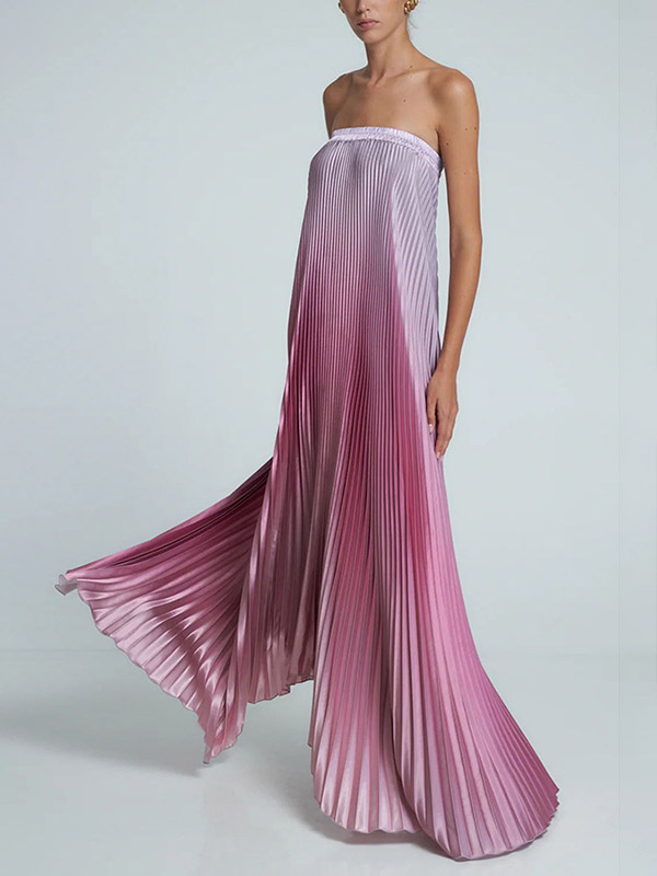 Elasticity Gradient Pleated A-Line Loose Tube Maxi Dresses Evening Dresses