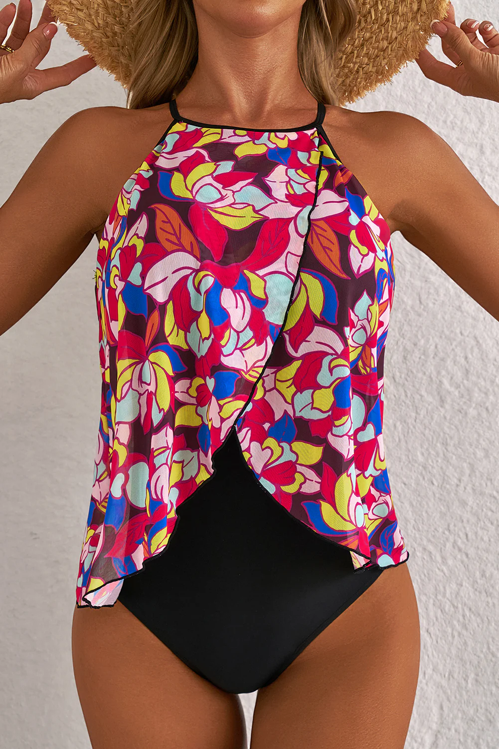 Purple Floral Print O Neck Open Back One Piece Swimsuit