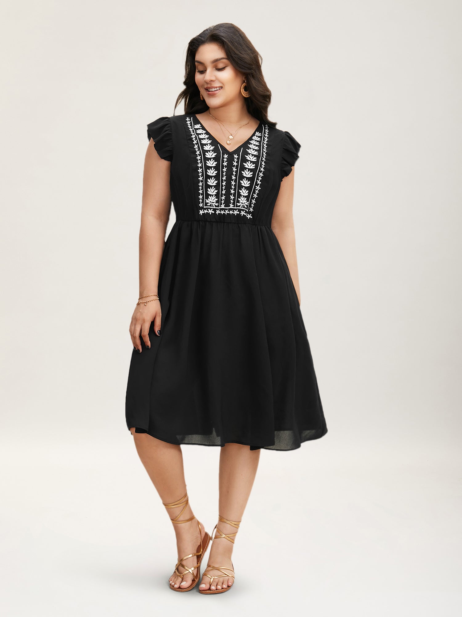 Floral Embroidered V Neck Ruffle Cap Sleeve Dress