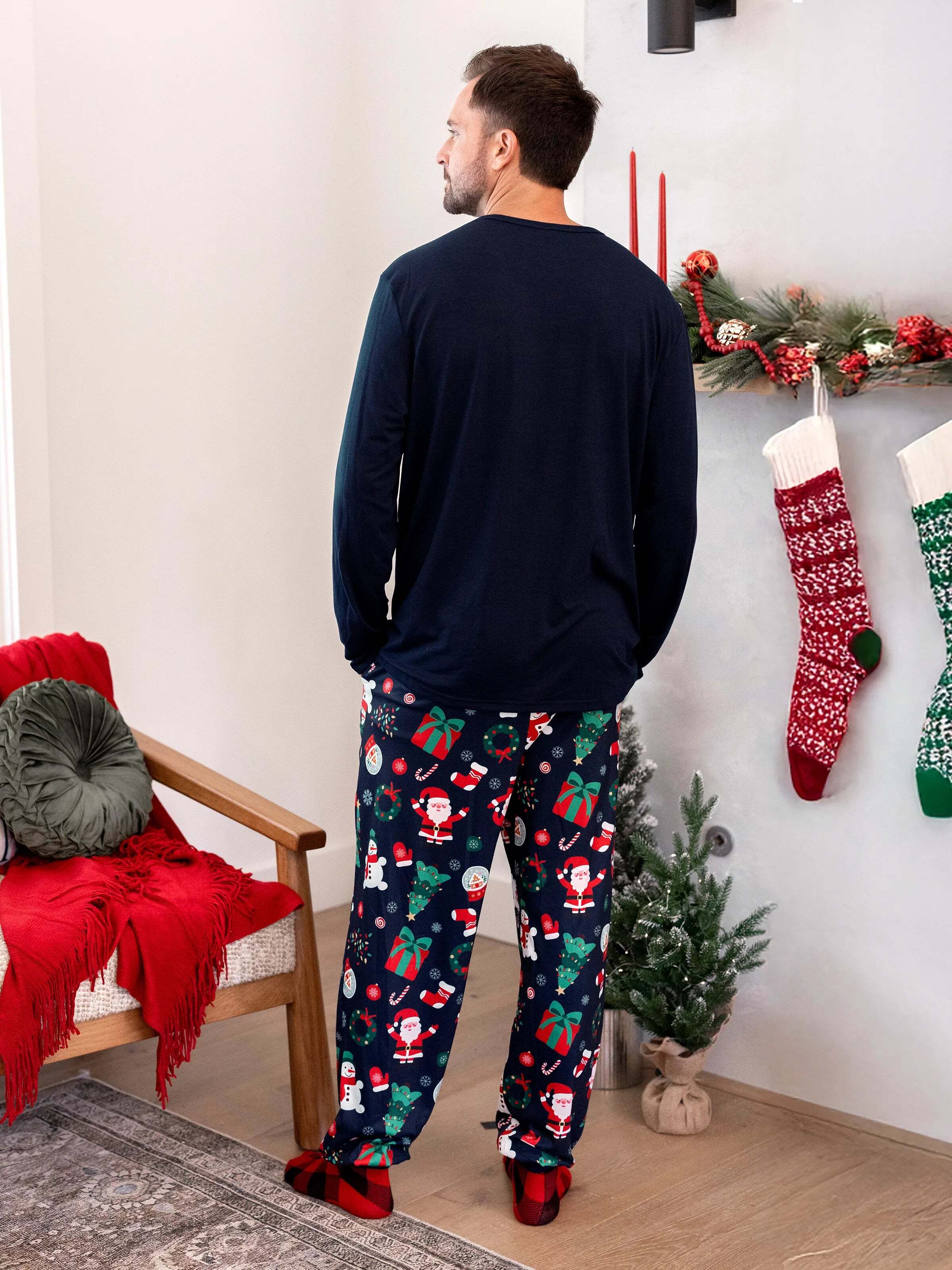 Christmas Matching Family Pajamas Set Glow In The Dark Santa Claus Dark Blue PJS with Christmas Socks Deep Blue