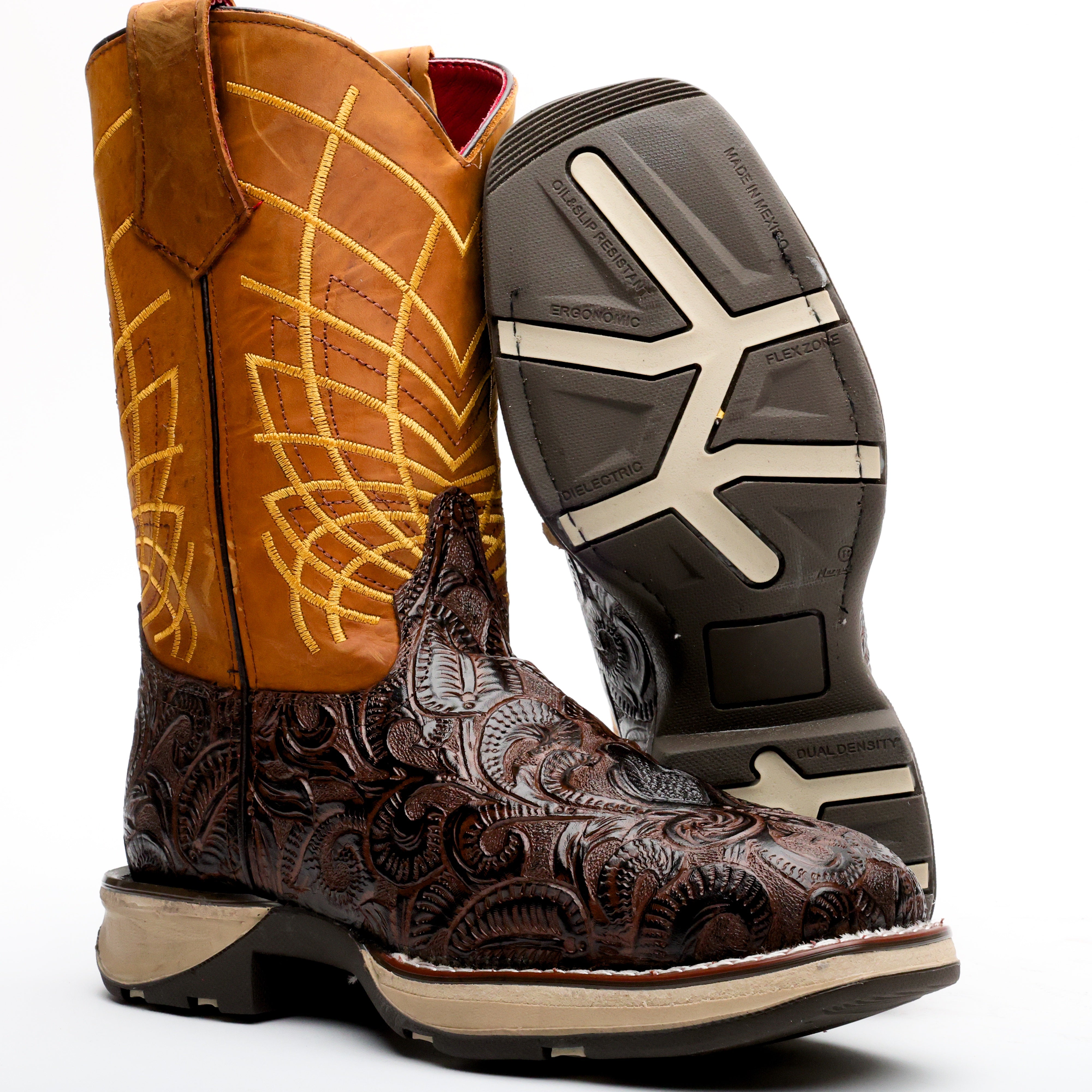 TBR Brown Hand-Tooled Leather Boots With 3D Lightweight Sole - Composite Toe