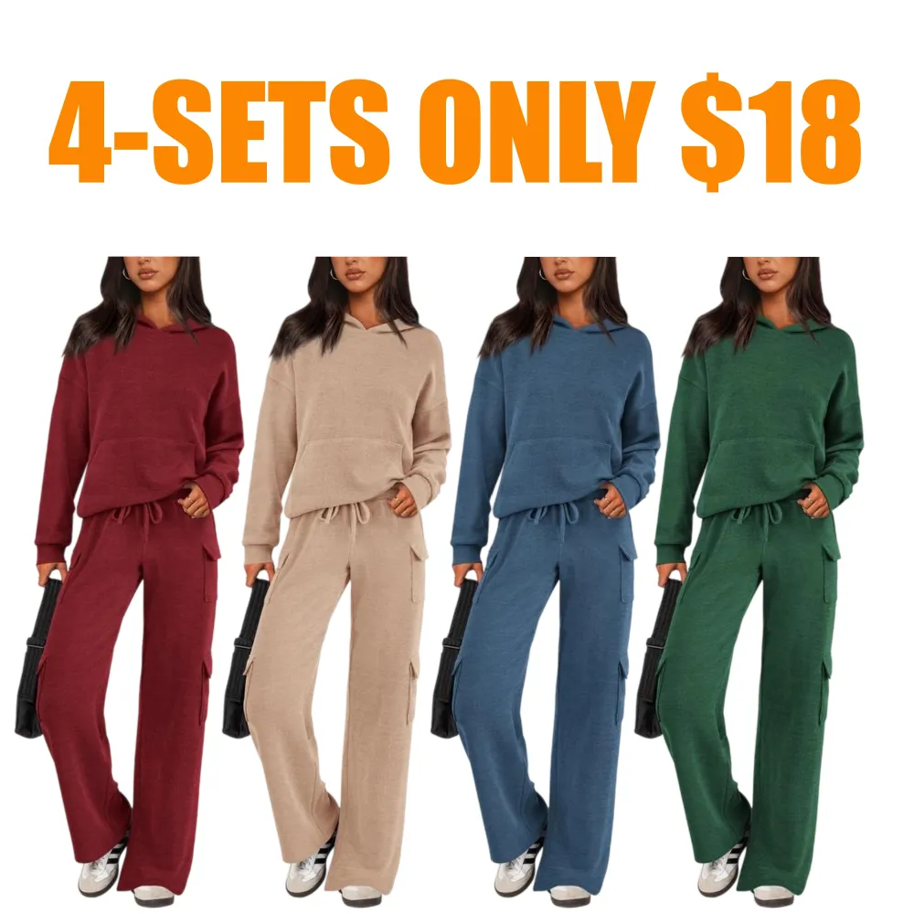 Women’s Casual Knit Tracksuit – Hoodie & Wide Leg Pants with Pockets
