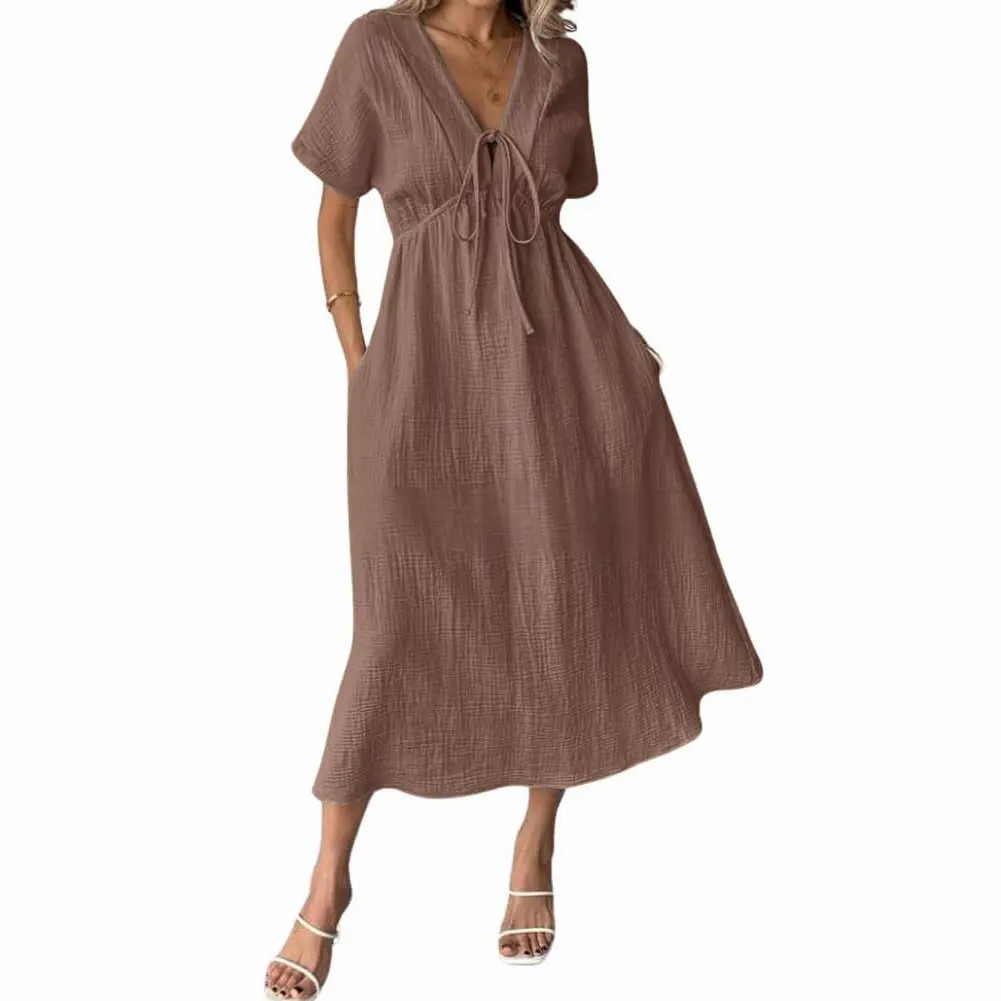 Women's Cotton V-Neck Bohemian Dress – Loose Fit Beach Dress with Pockets