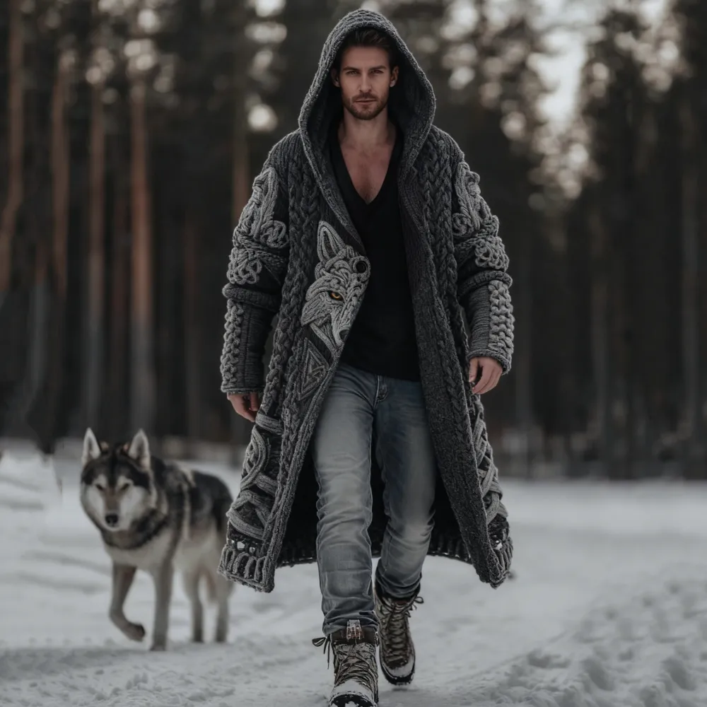 Men's Viking Style Celtic Knot Wolf Head Sweater Cardigan